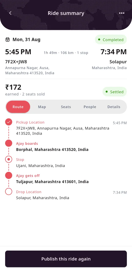 Ride summary showing the route with pickup, stopover and drop points