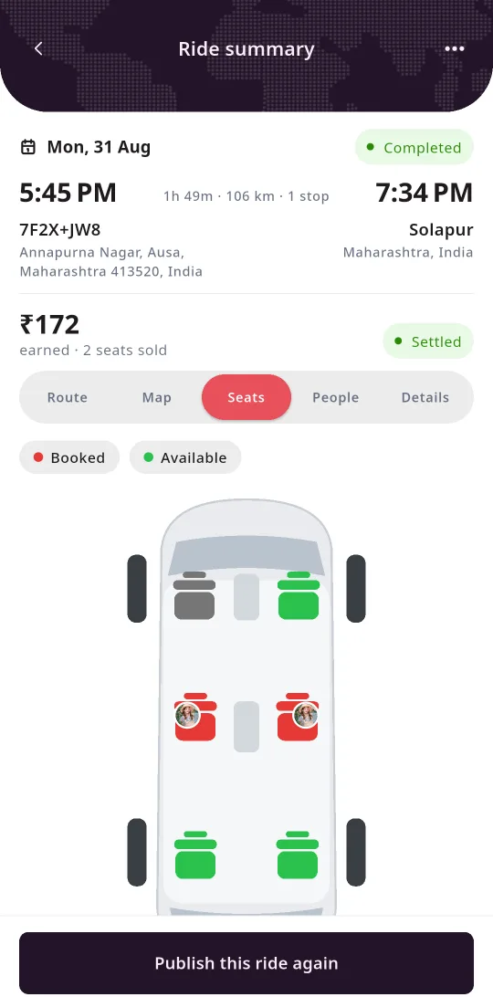 Car seat layout marking booked and available seats